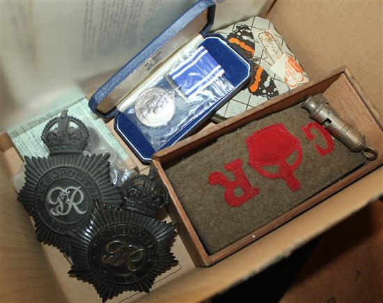 EII Police Long Service and Good Conduct medal (to F.A.W. Resker) & sundry military badges and memorabila (box)